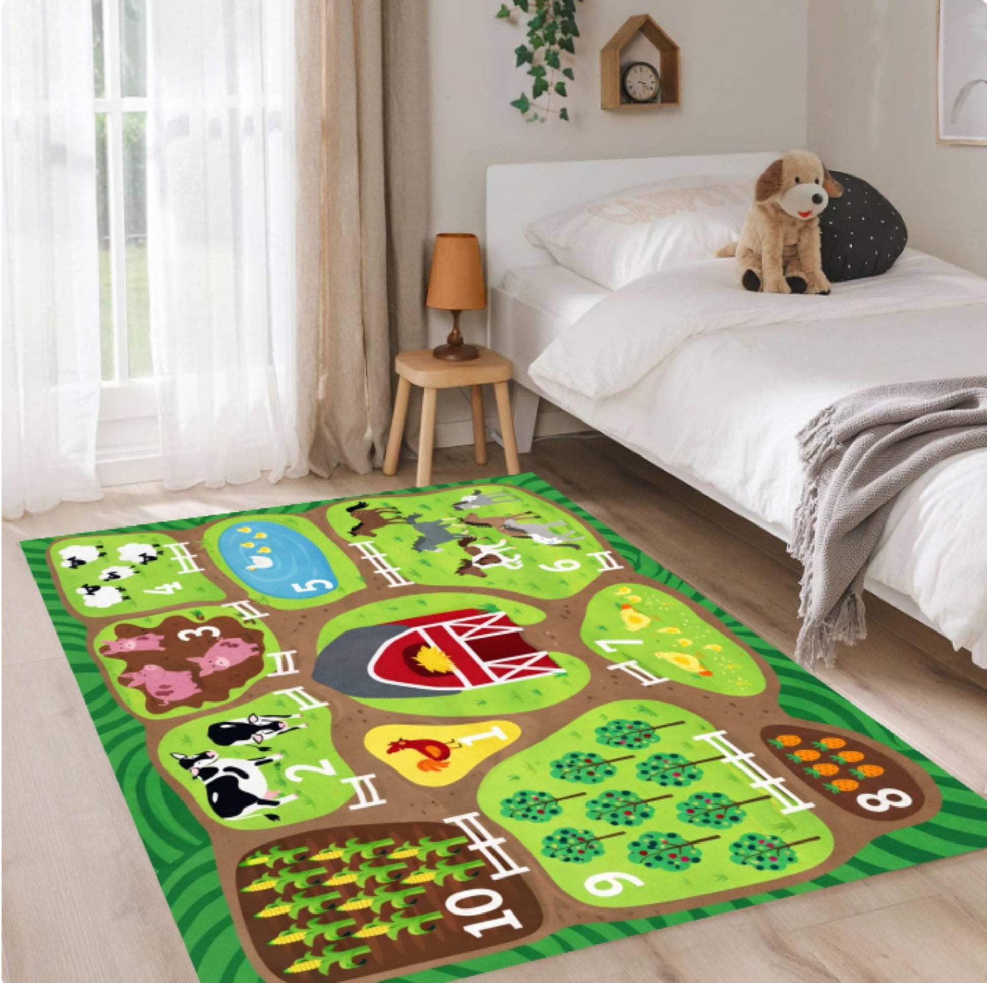 Farm Animals Educational Playroom Rug, Barn Nursery Carpet, Washable Toddler Mat