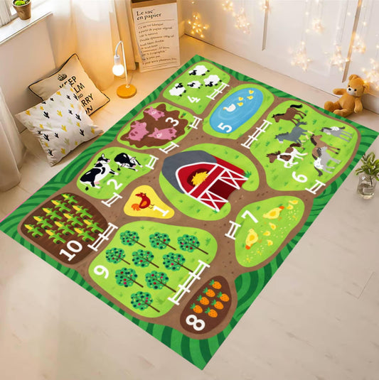Farm Animals Educational Playroom Rug, Barn Nursery Carpet, Washable Toddler Mat