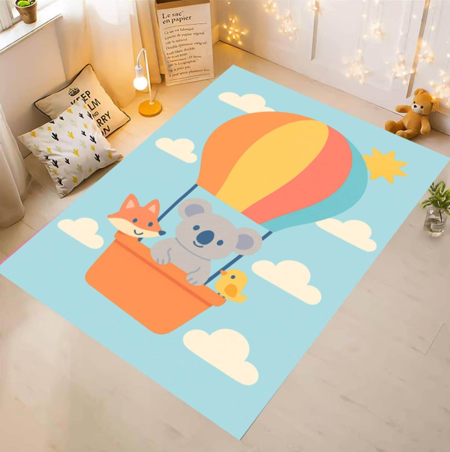 Hot Air Balloon Koala Playroom Rug Washable Daycare Rug Animals