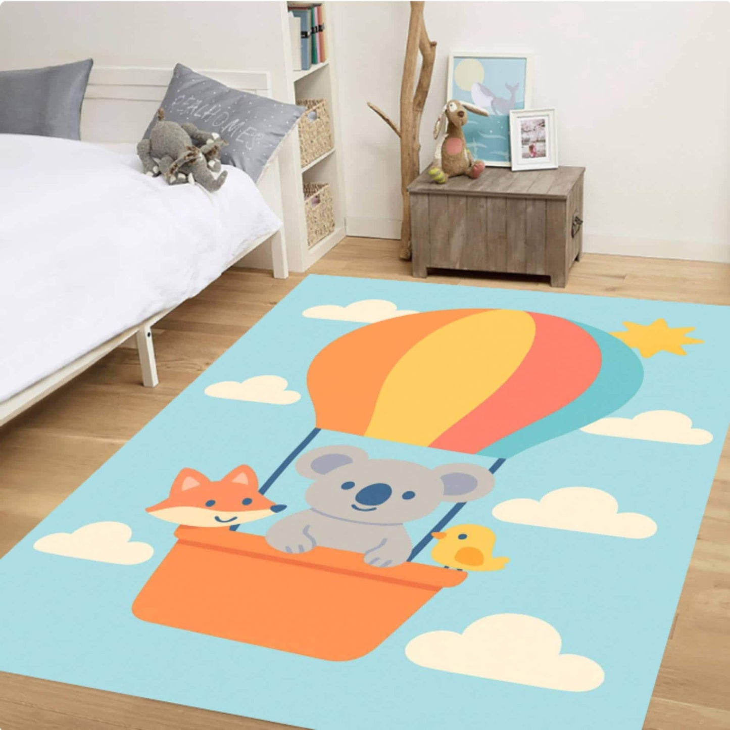 Hot Air Balloon Koala Playroom Rug Washable Daycare Rug Animals