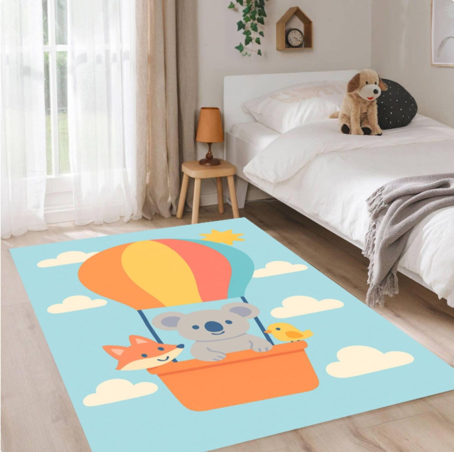 Hot Air Balloon Koala Playroom Rug Washable Daycare Rug Animals