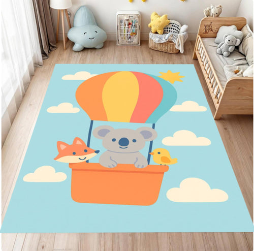 Children's room with a colorful rug featuring cartoon animals in a hot air balloon.