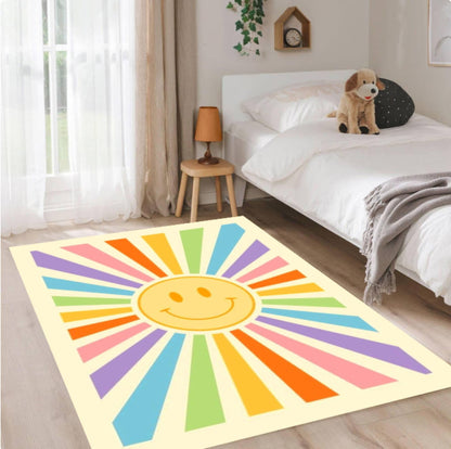 Retro Happy Face Sunburst Colorful Rug Washable Non-slip