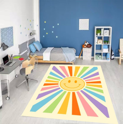 Retro Happy Face Sunburst Colorful Rug Washable Non-slip