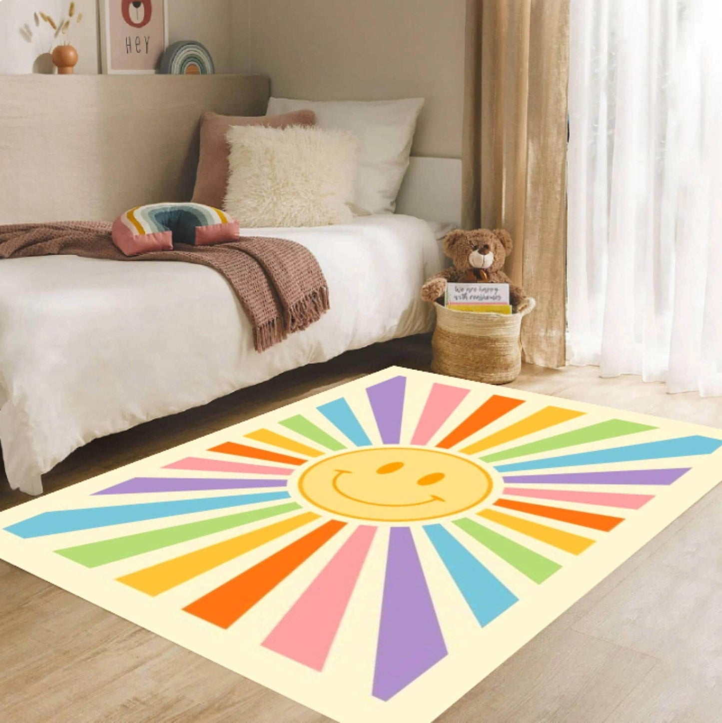 Retro Happy Face Sunburst Rug, Colorful Living Room Carpet, Washable Non Slip Mat