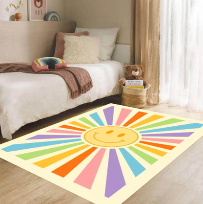 Retro Happy Face Sunburst Rug, Colorful Living Room Carpet, Washable Non Slip Mat