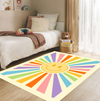 Retro Happy Face Sunburst Colorful Rug Washable Non-slip