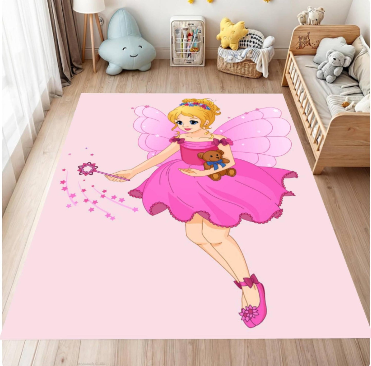 Pink fairy rug with a girl holding a teddy bear in a child's bedroom.