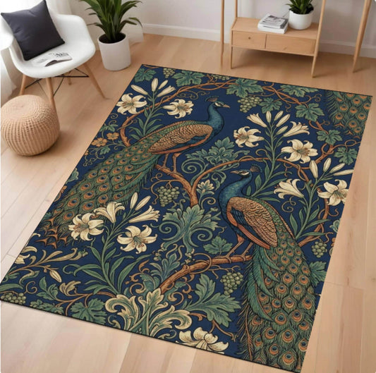 Decorative rug with peacock design on a wooden floor