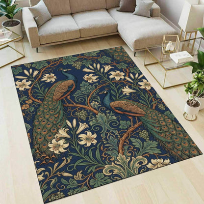 Peacock Floral Area Rug, Vintage Botanical Bird Carpet, Blue Green Decor (Washable)