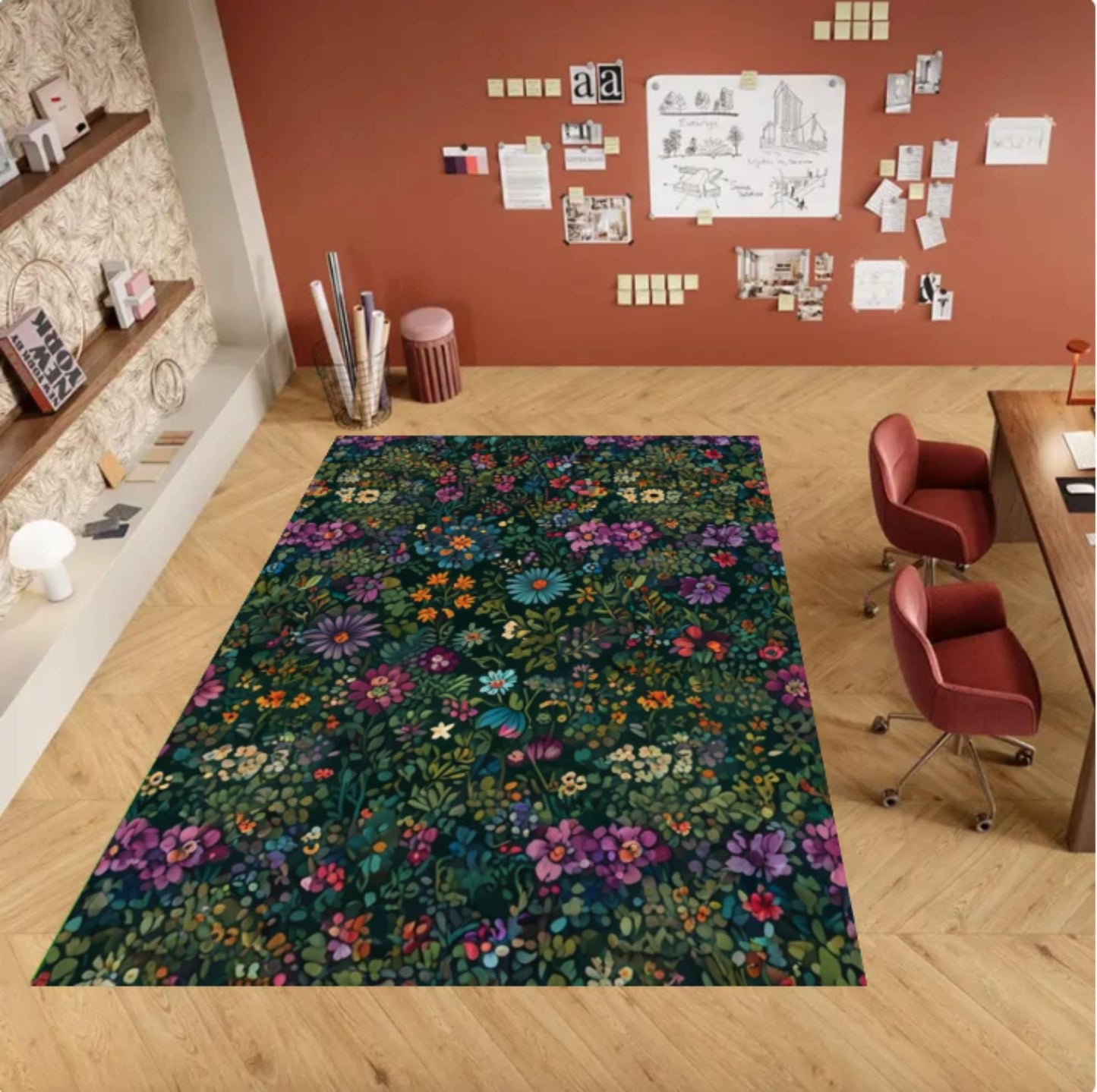 Dark Floral Area Rug, Moody Botanical Garden Carpet, Cottagecore Decor, Washable Non Slip Mat