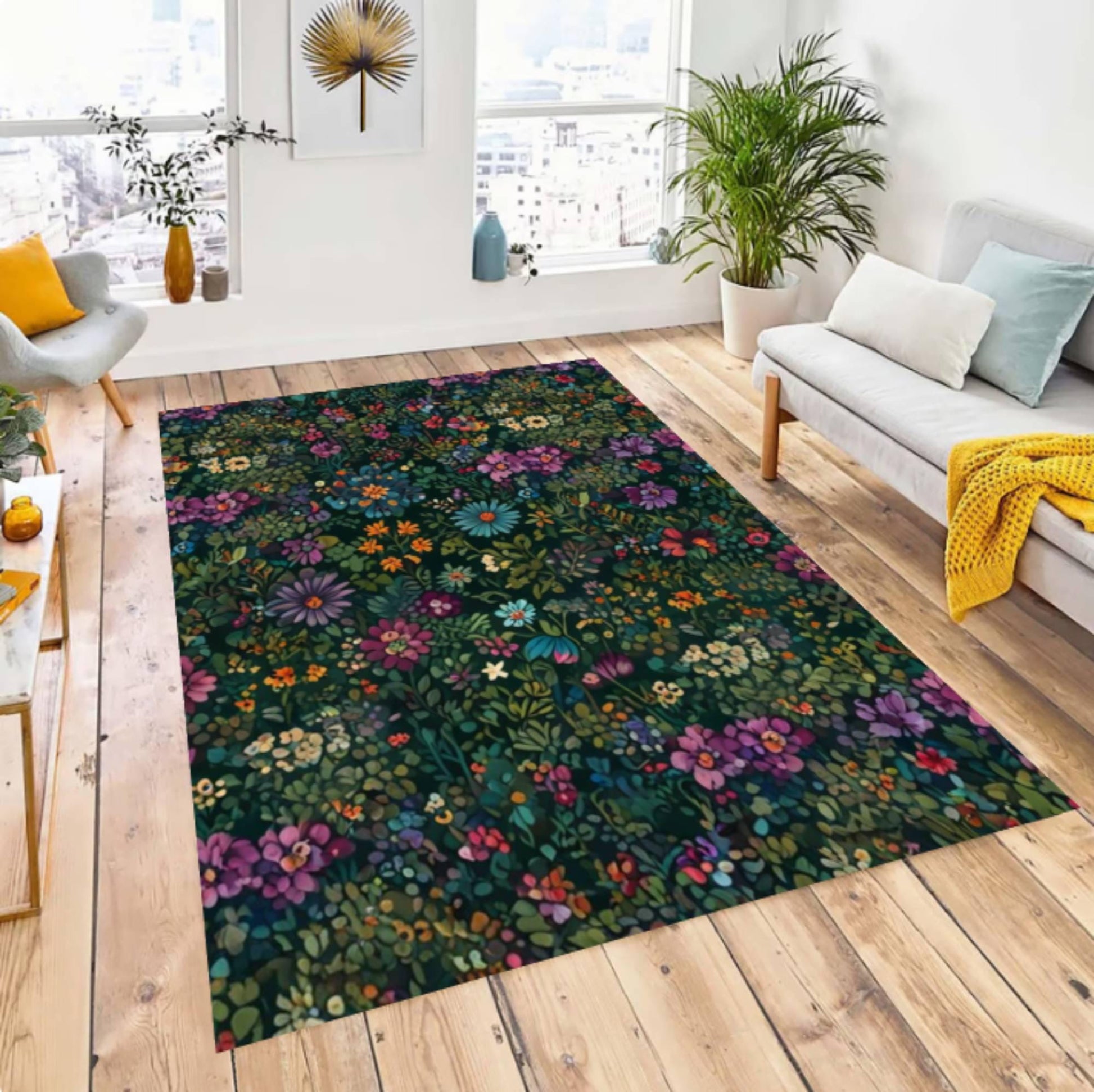 Dark Floral Area Rug, Moody Botanical Garden Carpet, Cottagecore Decor, Washable Non Slip Mat