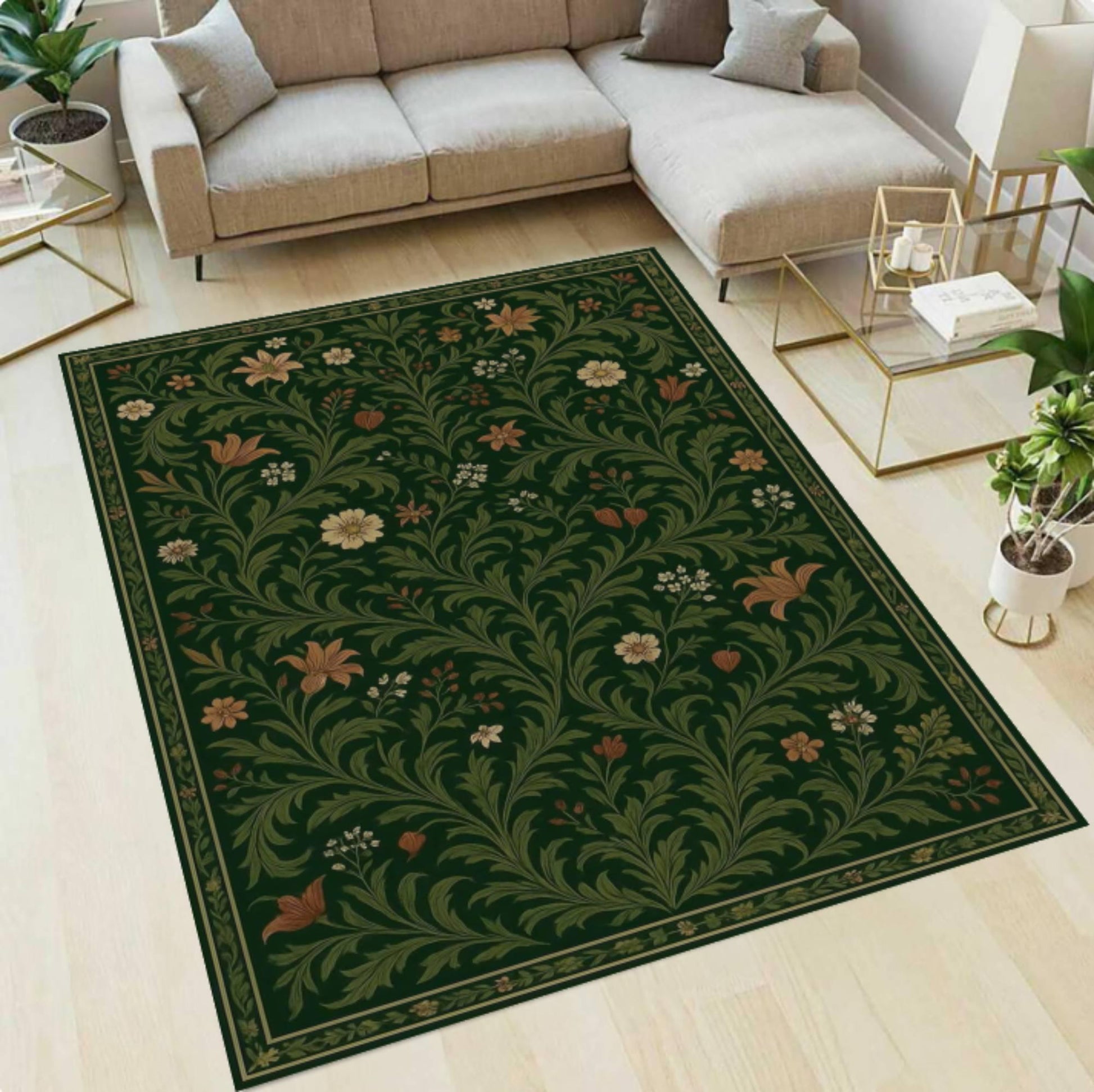 Green Floral Botanical Area Rug, Vintage Cottagecore Nature Carpet, Washable Non Slip Floor Rug