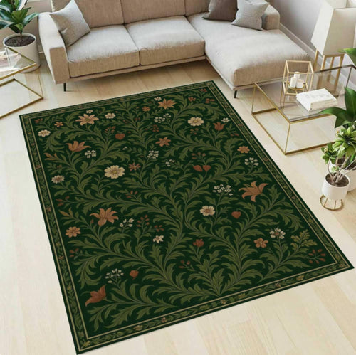 Green Floral Botanical Area Rug, Vintage Cottagecore Nature Carpet, Washable Non Slip Floor Rug