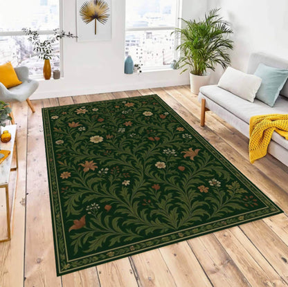 Green Floral Botanical Area Rug, Vintage Cottagecore Nature Carpet, Washable Non Slip Floor Rug