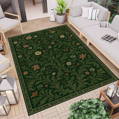 Green Floral Botanical Area Rug, Vintage Cottagecore Nature Carpet, Washable Non Slip Floor Rug