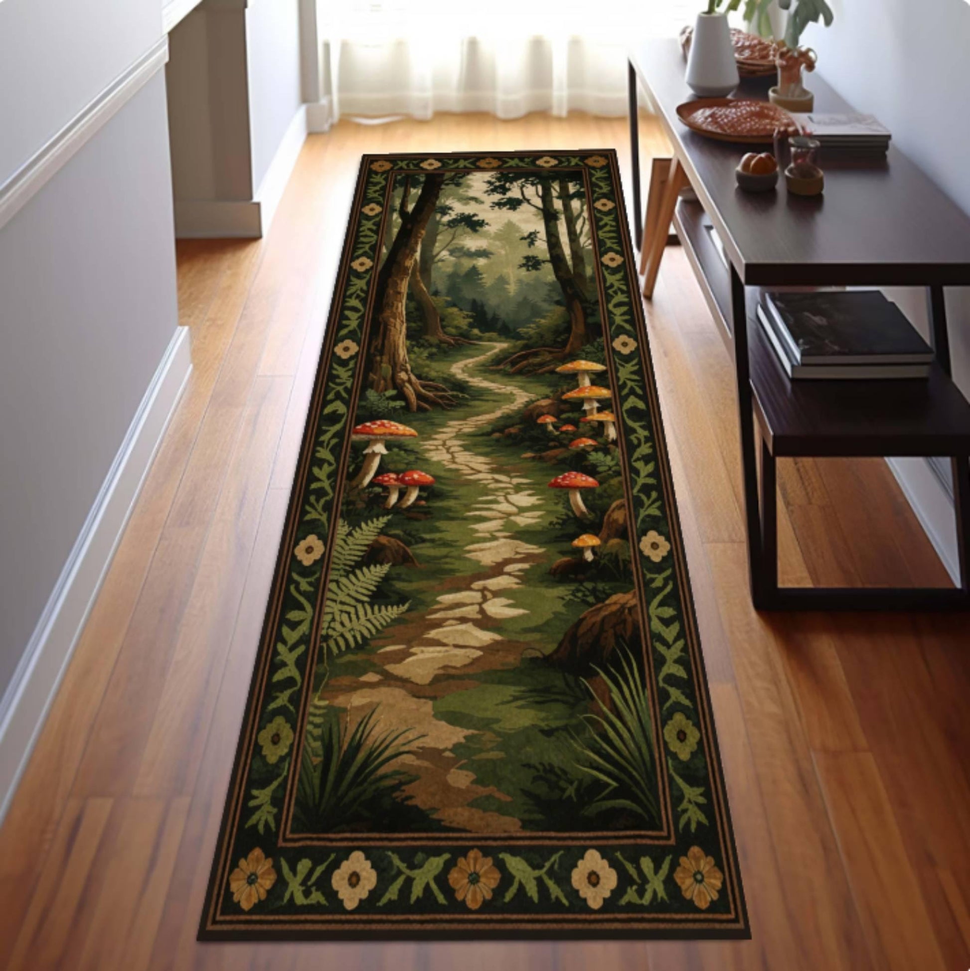 Mushroom Forest Path Rug, Whimsical Cottagecore Decor, Soft Washable Non Slip Runner