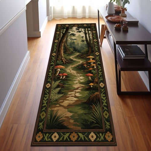 Mushroom Forest Path Rug, Whimsical Cottagecore Decor, Soft Washable Non Slip Runner