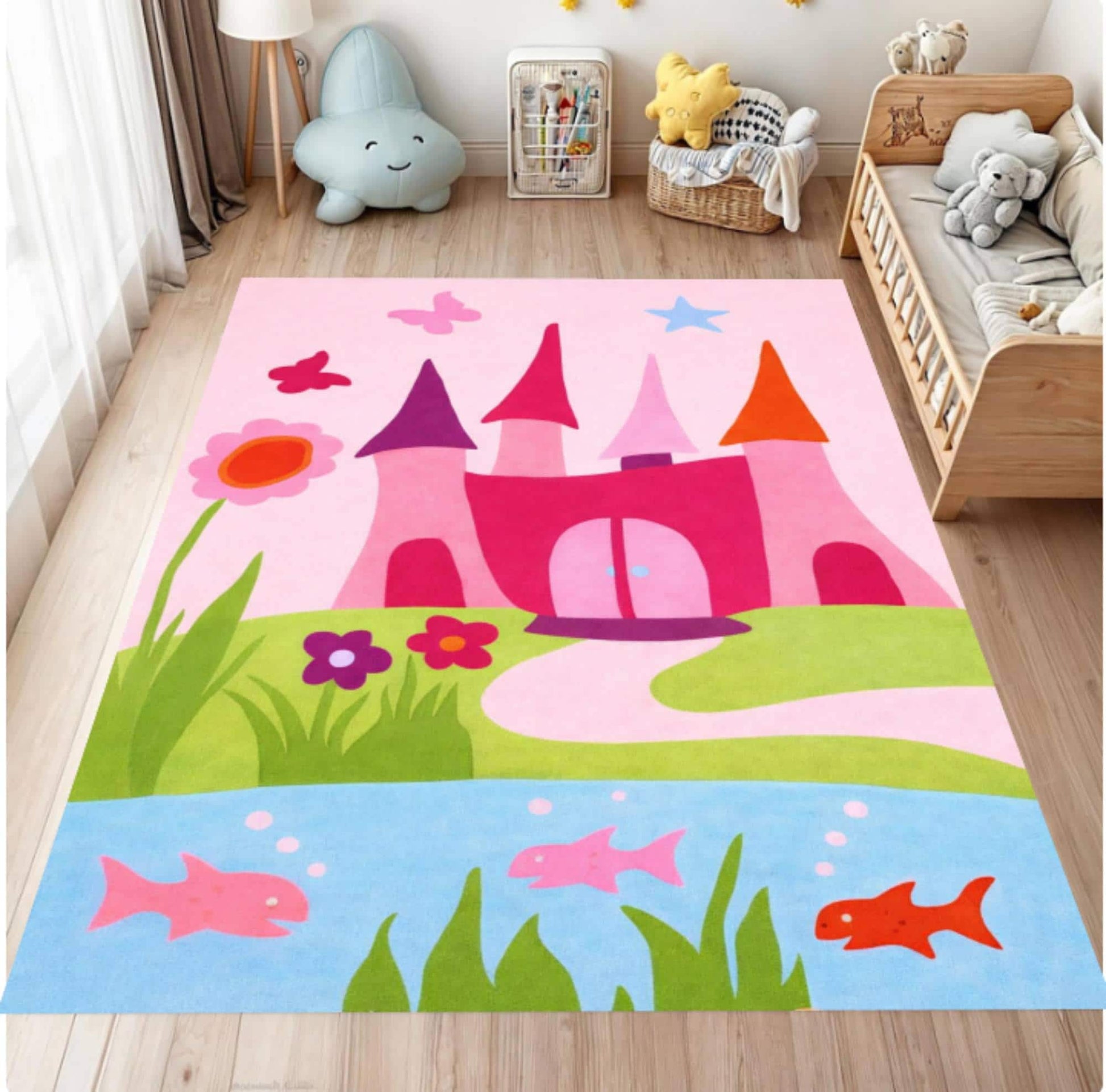Pink Princess Castle Kids Area Rug – Fairy Tale Washable Non-Slip