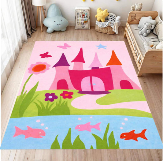 Pink Princess Castle Kids Area Rug – Fairy Tale Washable Non-Slip