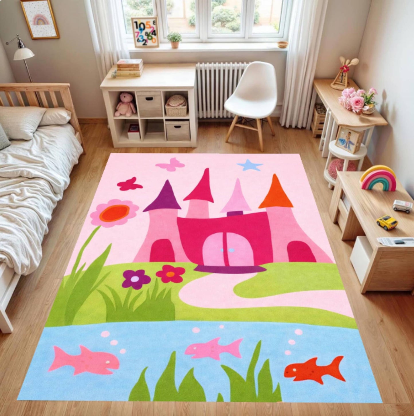 Pink Princess Castle Kids Area Rug – Fairy Tale Washable Non-Slip