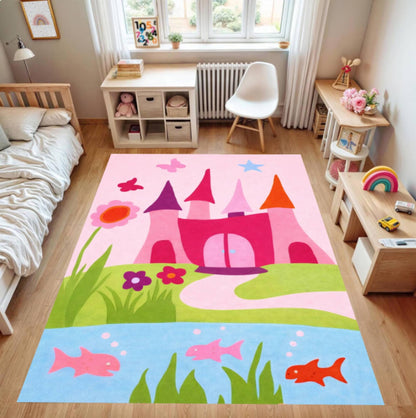 Pink Princess Castle Kids Area Rug – Fairy Tale Washable Non-Slip