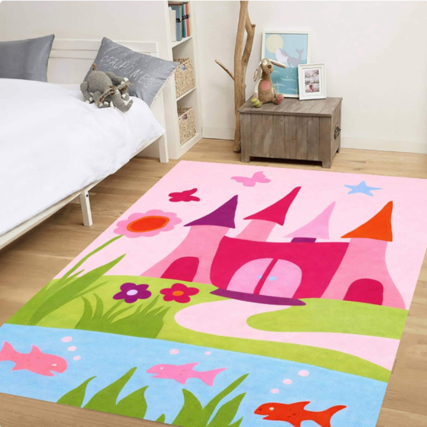Pink Princess Castle Kids Area Rug – Fairy Tale Washable Non-Slip