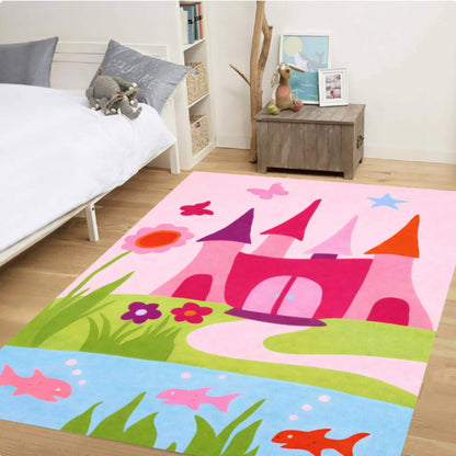 Pink Princess Castle Kids Area Rug – Fairy Tale Washable Non-Slip
