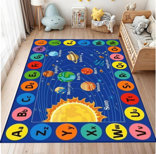 Solar System Alphabet Rug, Educational Space Carpet, Washable Playroom Decor