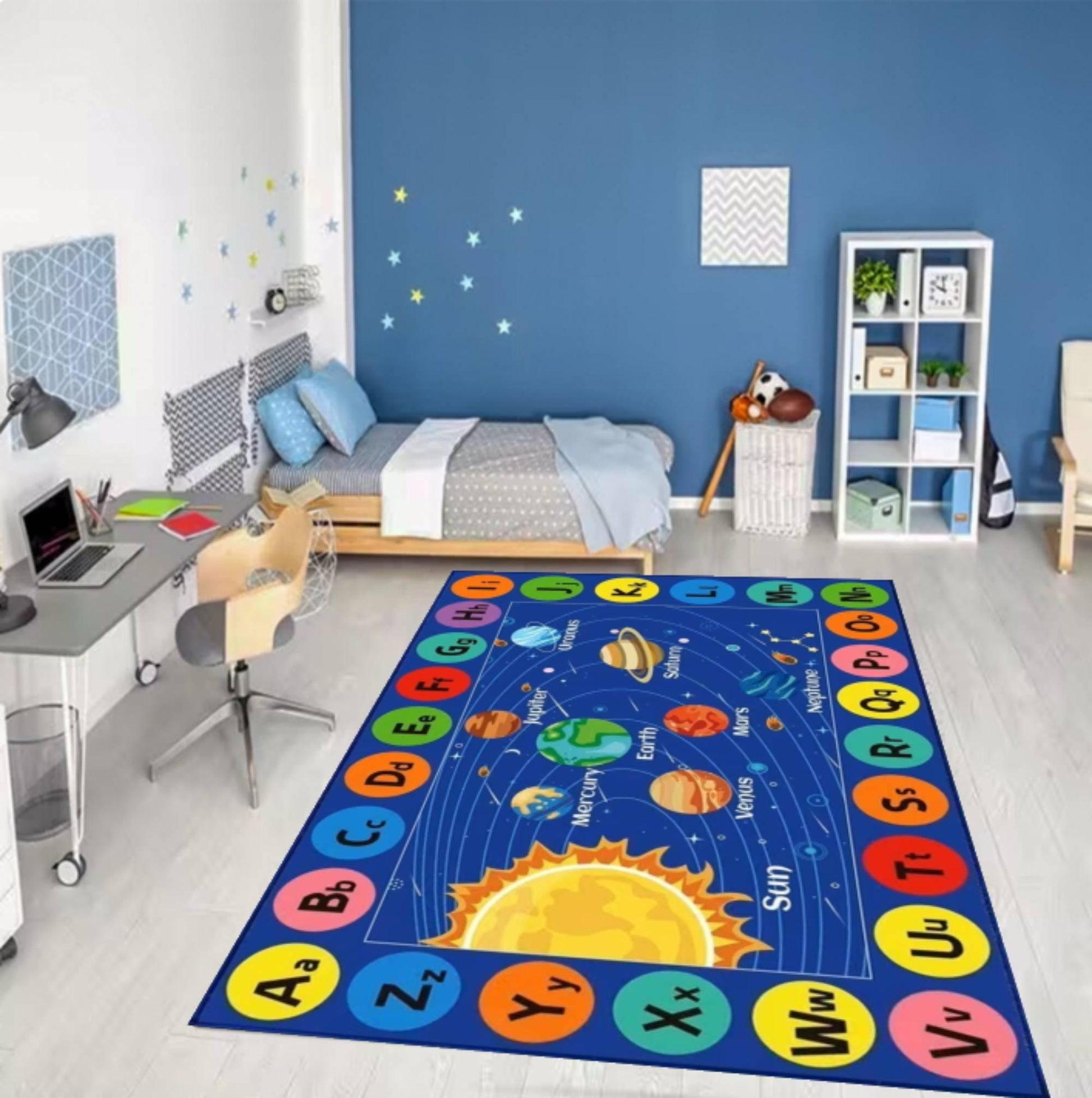 Solar System Alphabet Rug, Educational Space Carpet, Washable Playroom Decor