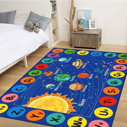 Solar System Alphabet Rug, Educational Space Carpet, Washable Playroom Decor