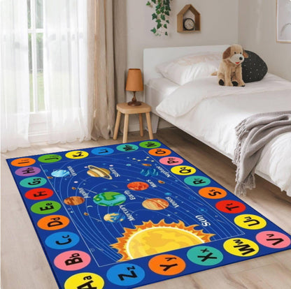 Solar System Alphabet Rug, Educational Space Carpet, Washable Playroom Decor