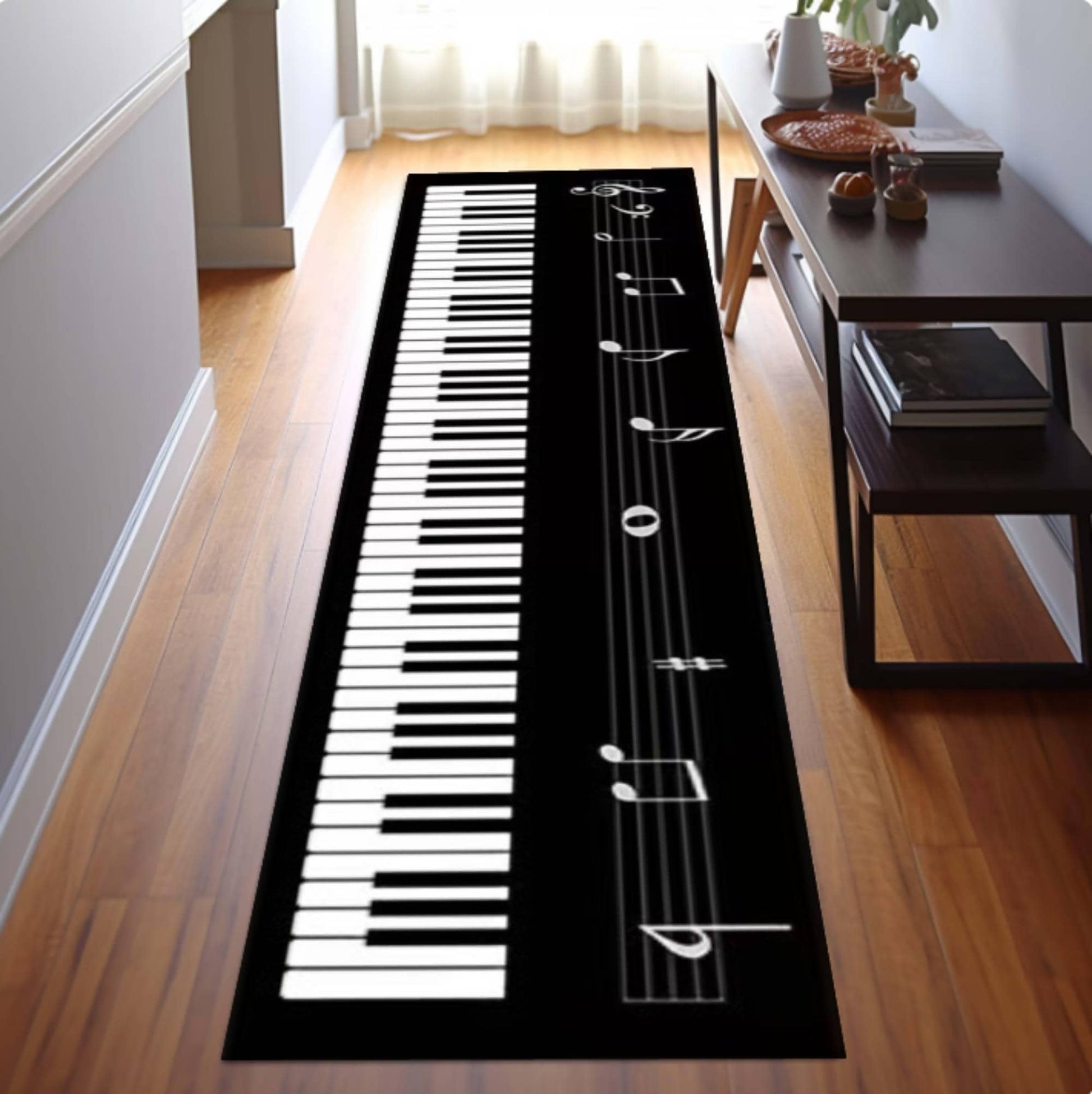 Piano Keyboard Runner Rug, Music Lover Hallway Carpet, Black White Keys Washable Non Slip