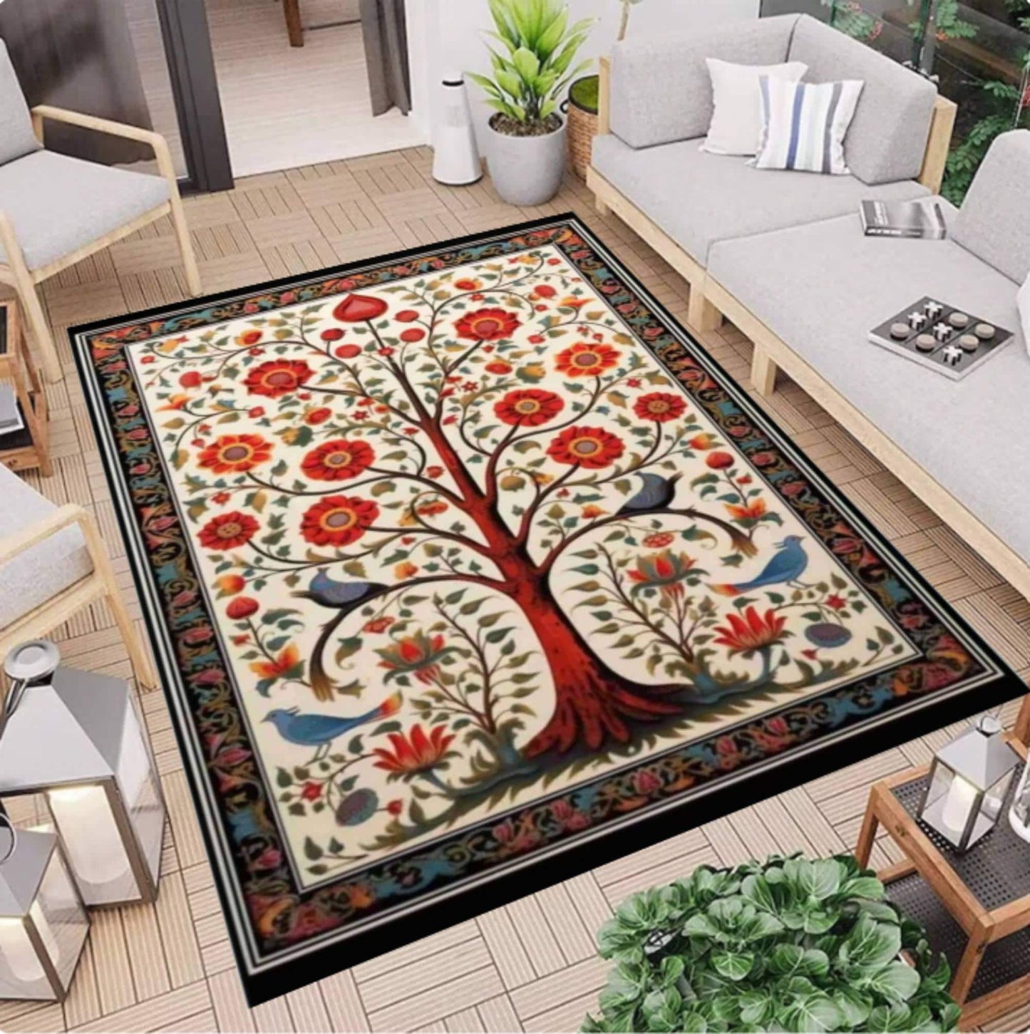 Rug Tree of Life Floral Folk Art Living Room Rug