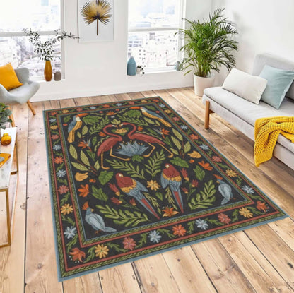 Tropical Vintage Floral Area Rug – Jungle Bird & Botanical Washable Non-Slip