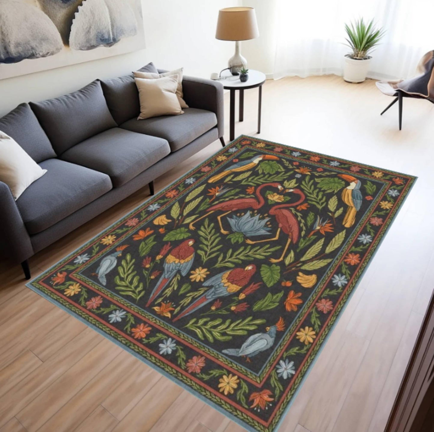Tropical Vintage Floral Area Rug – Jungle Bird & Botanical Washable Non-Slip