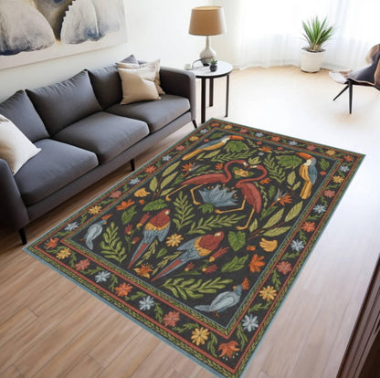 Tropical Vintage Floral Area Rug – Jungle Bird & Botanical Washable Non-Slip