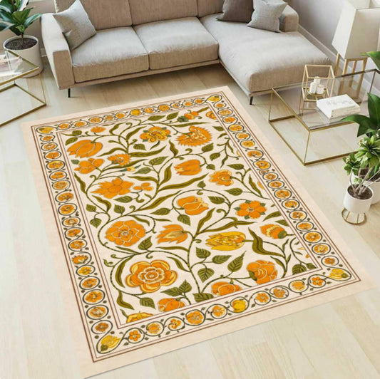 Vintage Floral Area Rug, Cottagecore Botanical Carpet, Yellow Farmhouse Decor (Washable)
