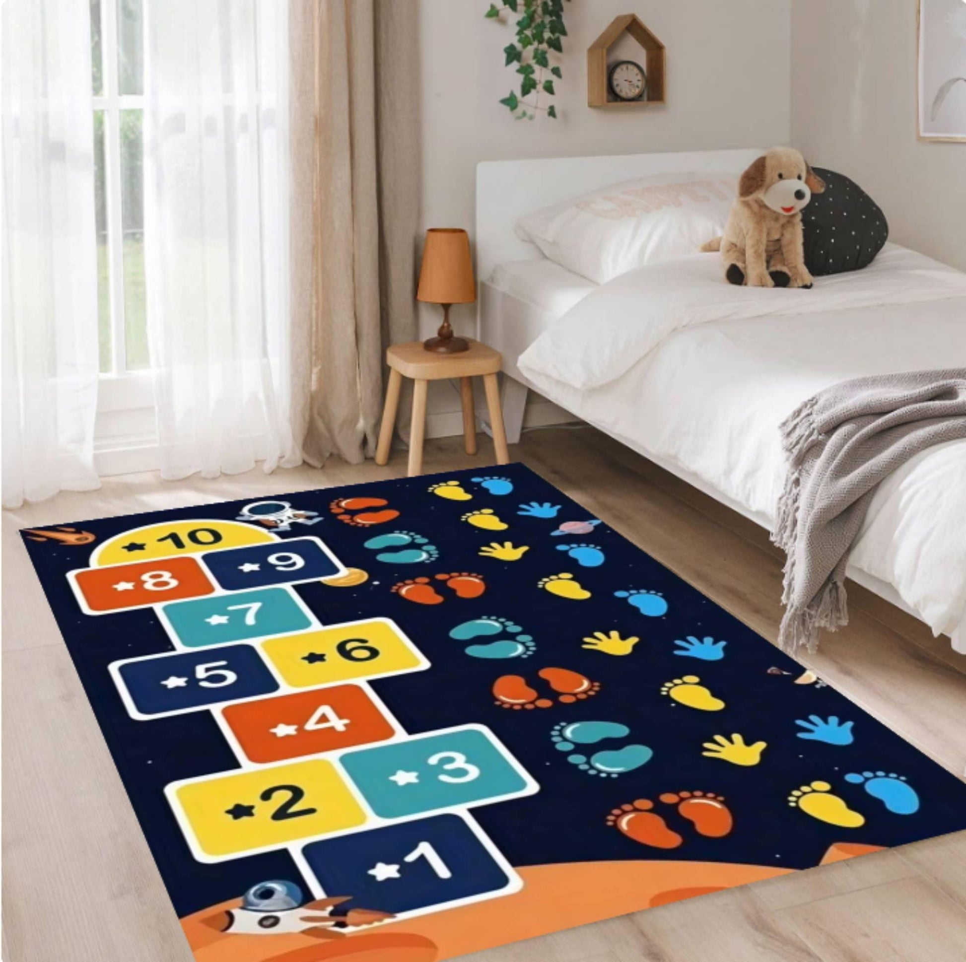 Kids Hopscotch Area Rug, Space Theme Playroom Carpet, Educational Number Game Mat, Washable Non Slip Nursery Bedroom Decor