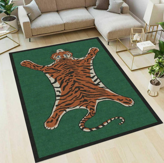 Tiger Animal Print Area Rug, Jungle Safari Decor Carpet, Washable Non Slip Mat