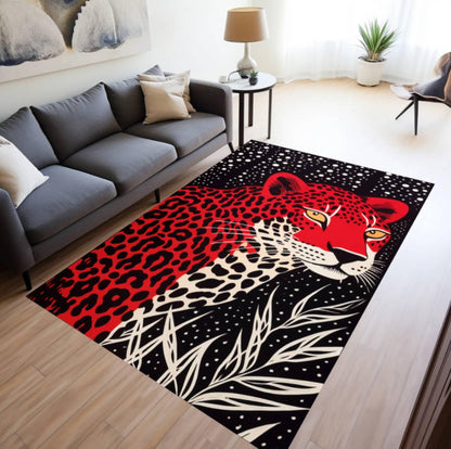 Red Leopard Print Area Rug – Bold Safari Animal Pattern Washable Non-Slip