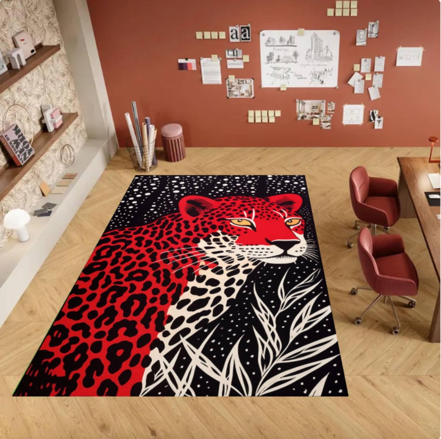Red Leopard Print Area Rug – Bold Safari Animal Pattern Washable Non-Slip