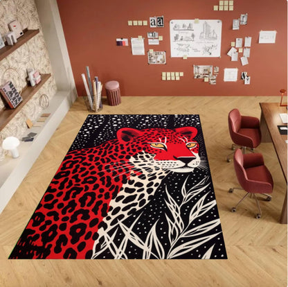 Red Leopard Print Area Rug – Bold Safari Animal Pattern Washable Non-Slip