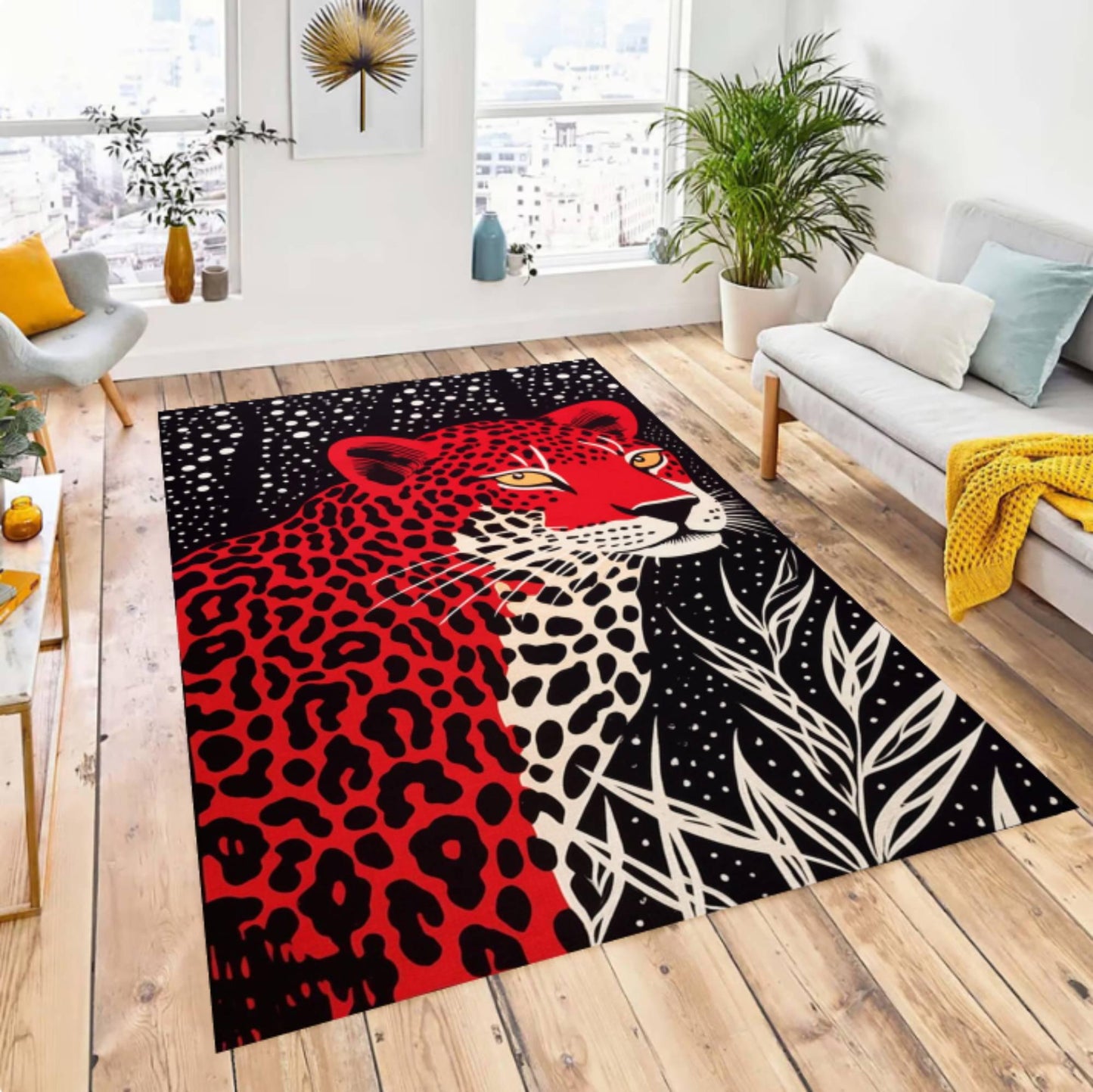 Red Leopard Print Area Rug – Bold Safari Animal Pattern Washable Non-Slip