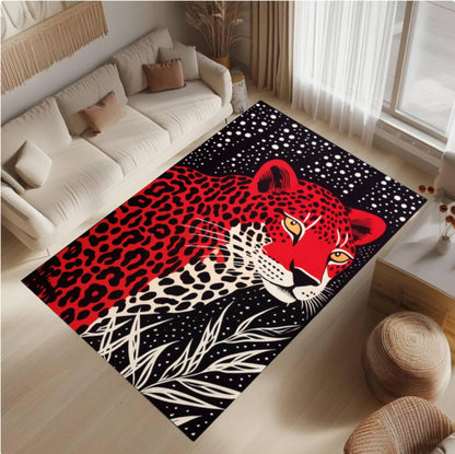 Red Leopard Print Area Rug – Bold Safari Animal Pattern Washable Non-Slip