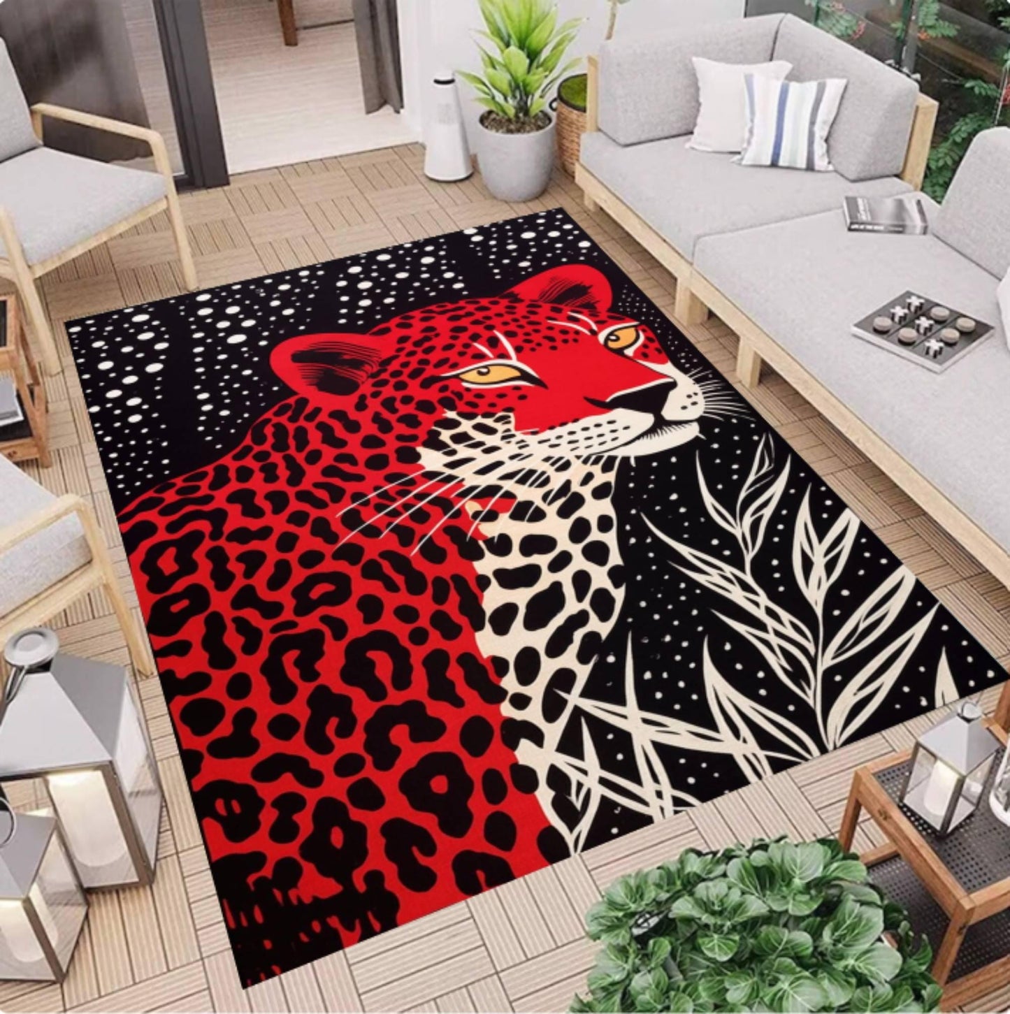 Red Leopard Print Area Rug – Bold Safari Animal Pattern Washable Non-Slip