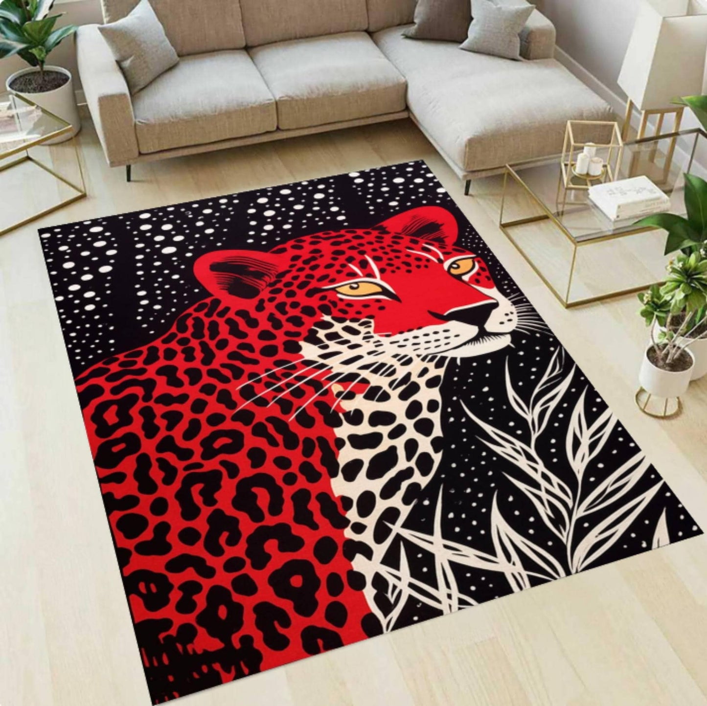 Red Leopard Print Area Rug – Bold Safari Animal Pattern Washable Non-Slip