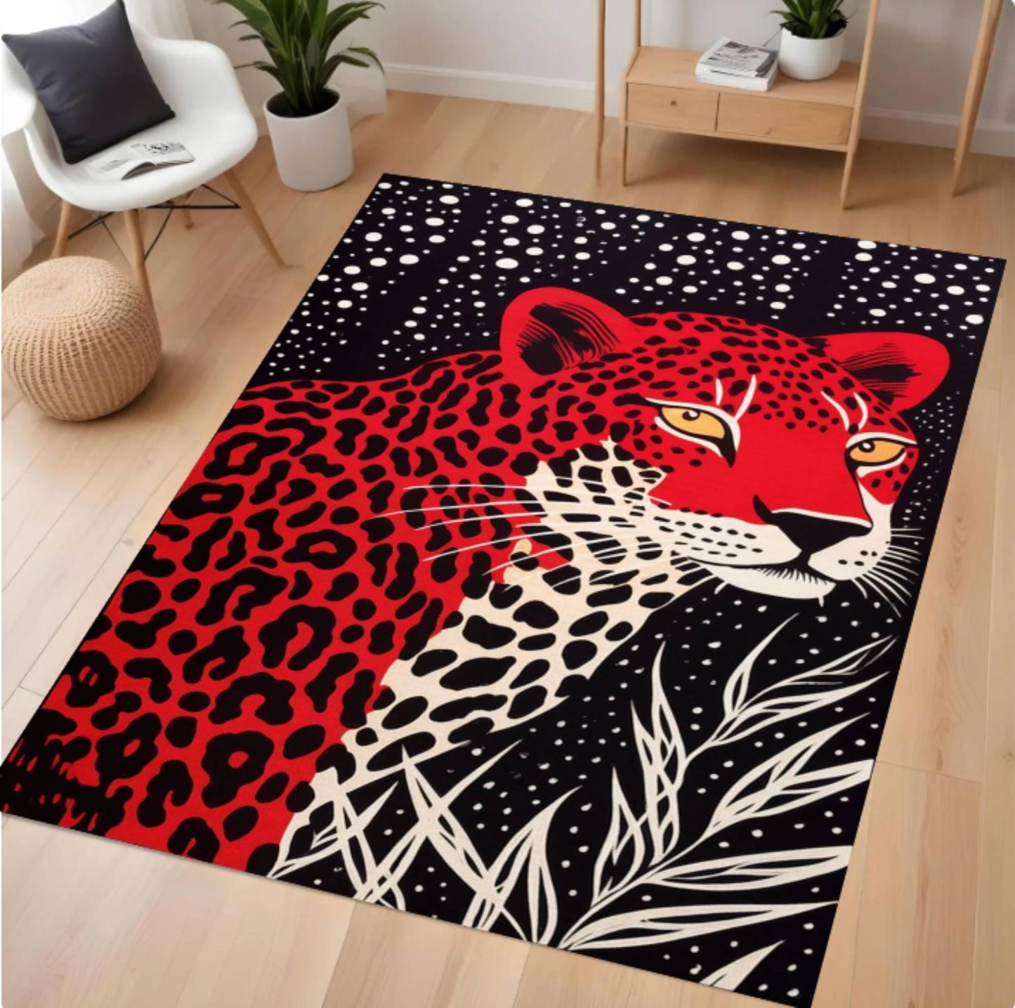 Leopard pattern rug on a wooden floor with a modern interior setting.