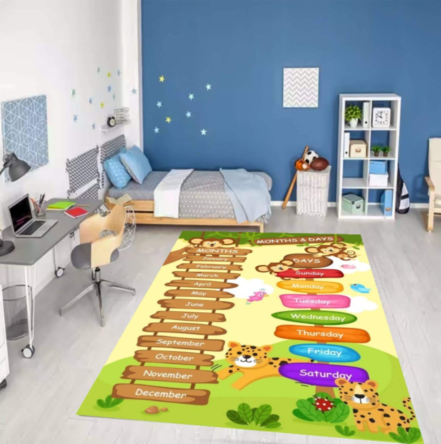 Educational Months and Days Rug, Jungle Animal Nursery Playroom Carpet, Washable Non Slip Mat