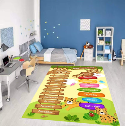 Educational Months and Days Rug, Jungle Animal Nursery Playroom Carpet, Washable Non Slip Mat